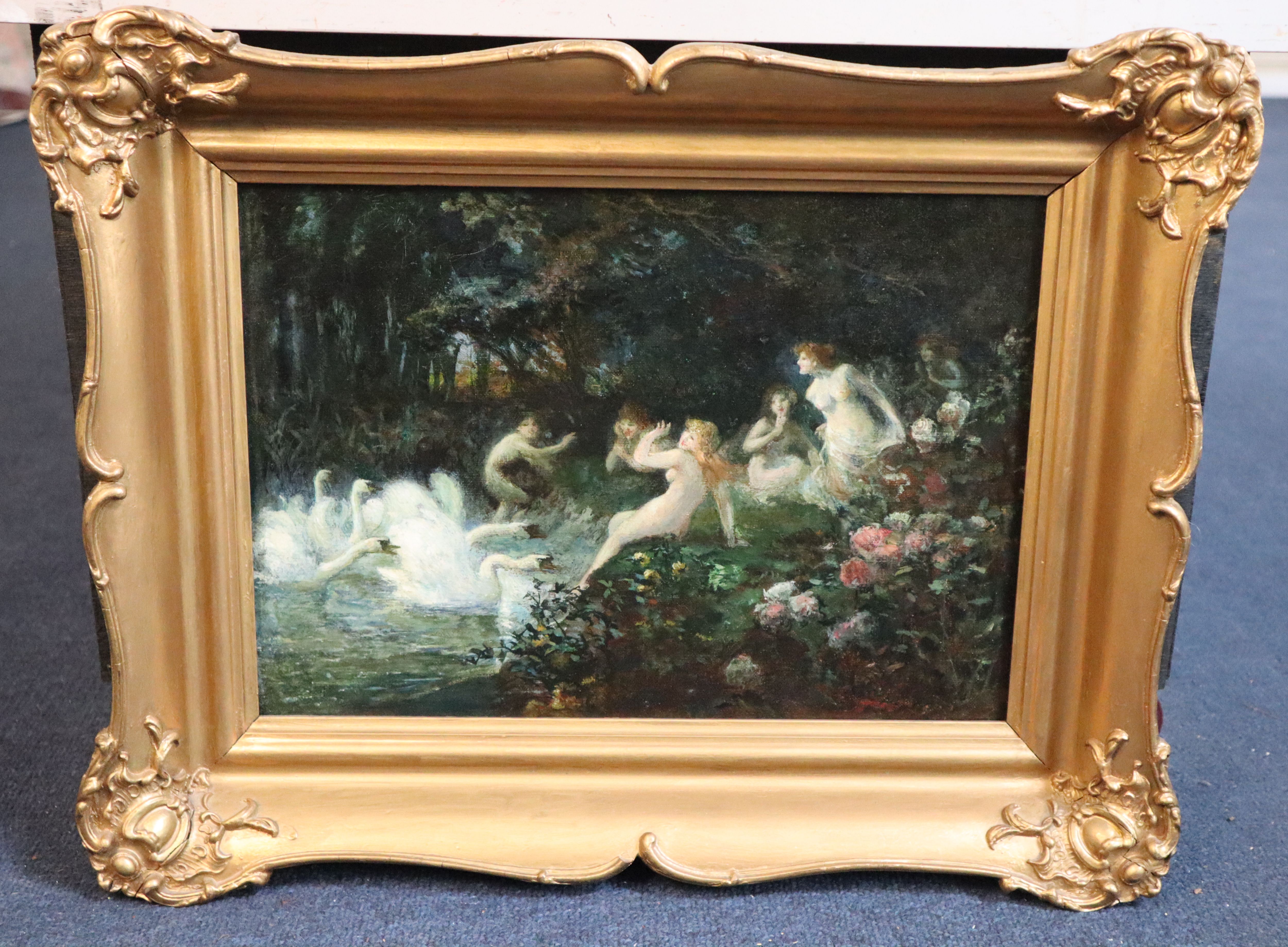 Henri-Théodore Fantin-Latour (French 1836-1904) Symbolist Nymphs being chased by Swans 9.5 x 13.5in.